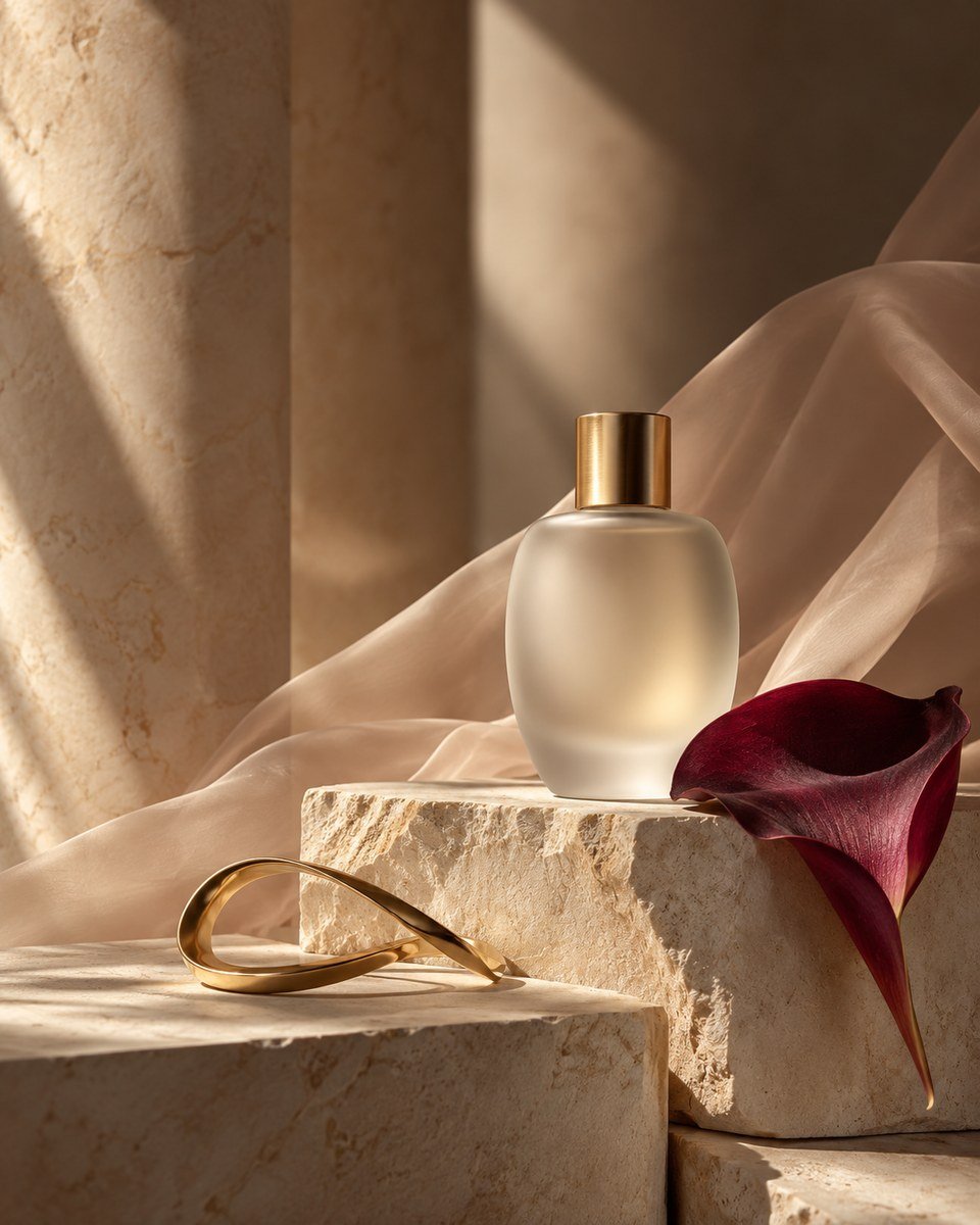 Editorial luxury still life with a frosted fragrance bottle, gold form, silk, stone, and burgundy petal